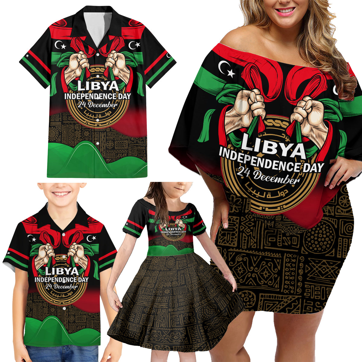 Libya Independence Day Family Matching Off Shoulder Short Dress and Hawaiian Shirt Happy 24 December African Pattern Flag Style - Wonder Print Shop