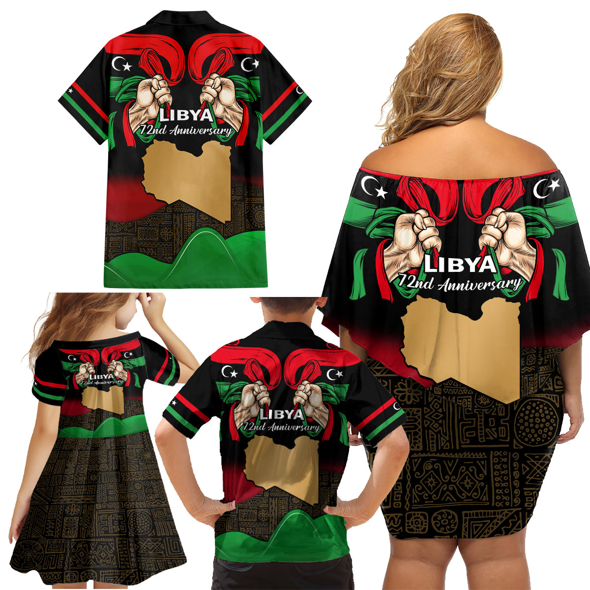 Libya Independence Day Family Matching Off Shoulder Short Dress and Hawaiian Shirt Happy 24 December African Pattern Flag Style - Wonder Print Shop