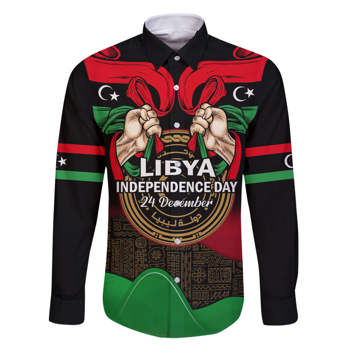 Libya Independence Day Family Matching Off Shoulder Short Dress and Hawaiian Shirt Happy 24 December African Pattern Flag Style - Wonder Print Shop