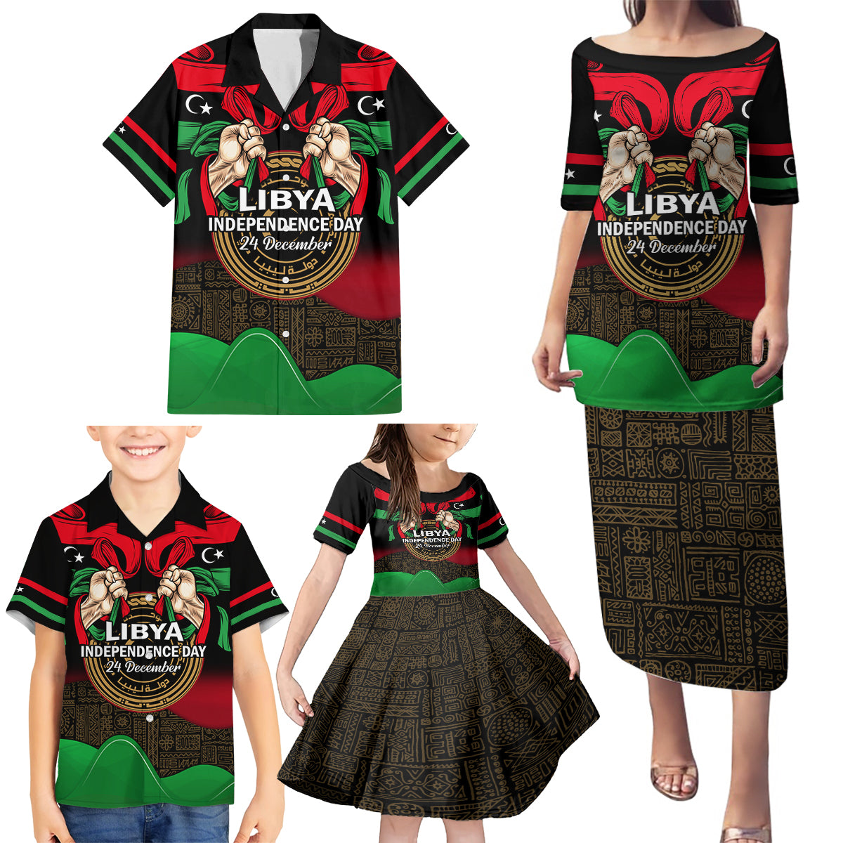 Libya Independence Day Family Matching Puletasi Dress and Hawaiian Shirt Happy 24 December African Pattern Flag Style - Wonder Print Shop