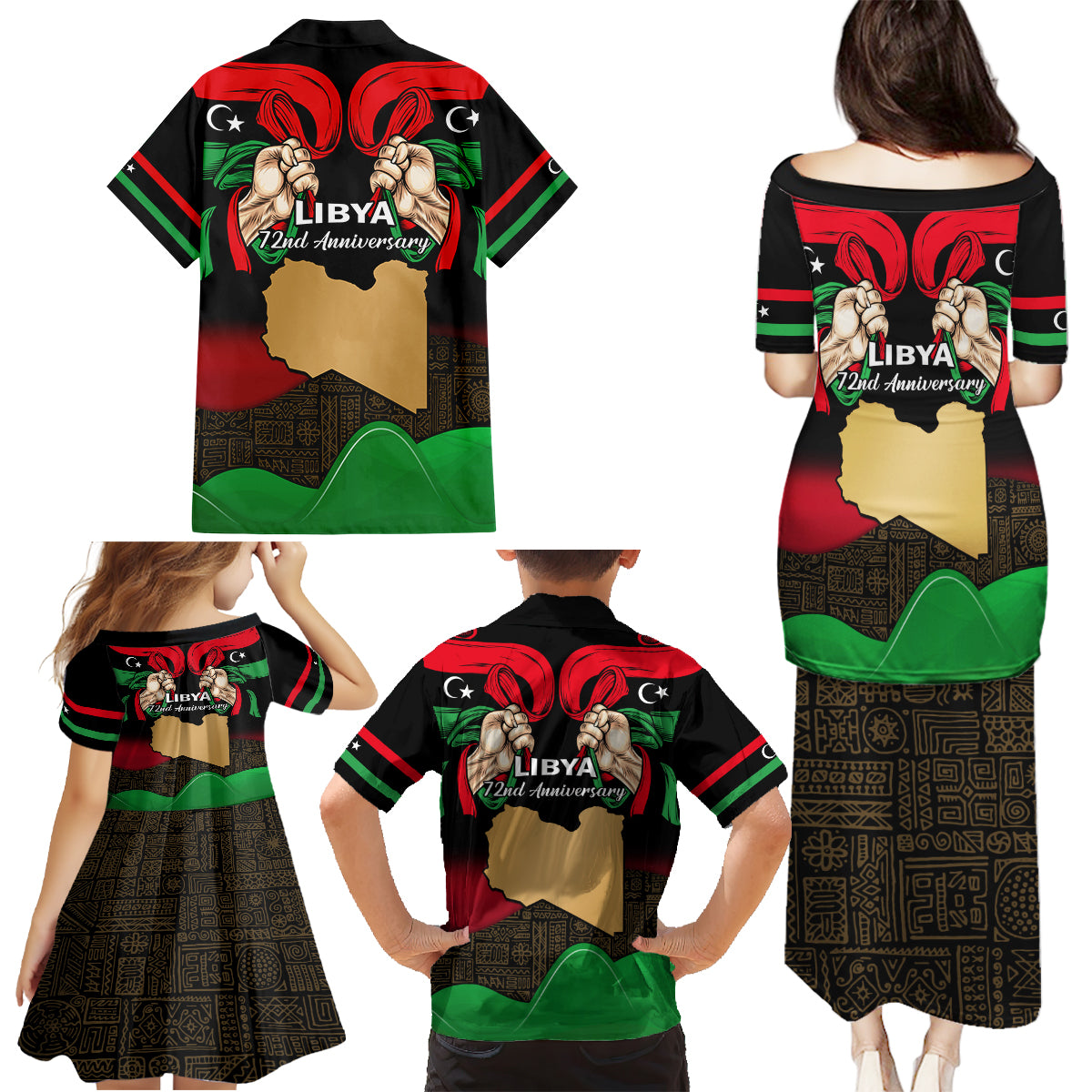 Libya Independence Day Family Matching Puletasi Dress and Hawaiian Shirt Happy 24 December African Pattern Flag Style - Wonder Print Shop