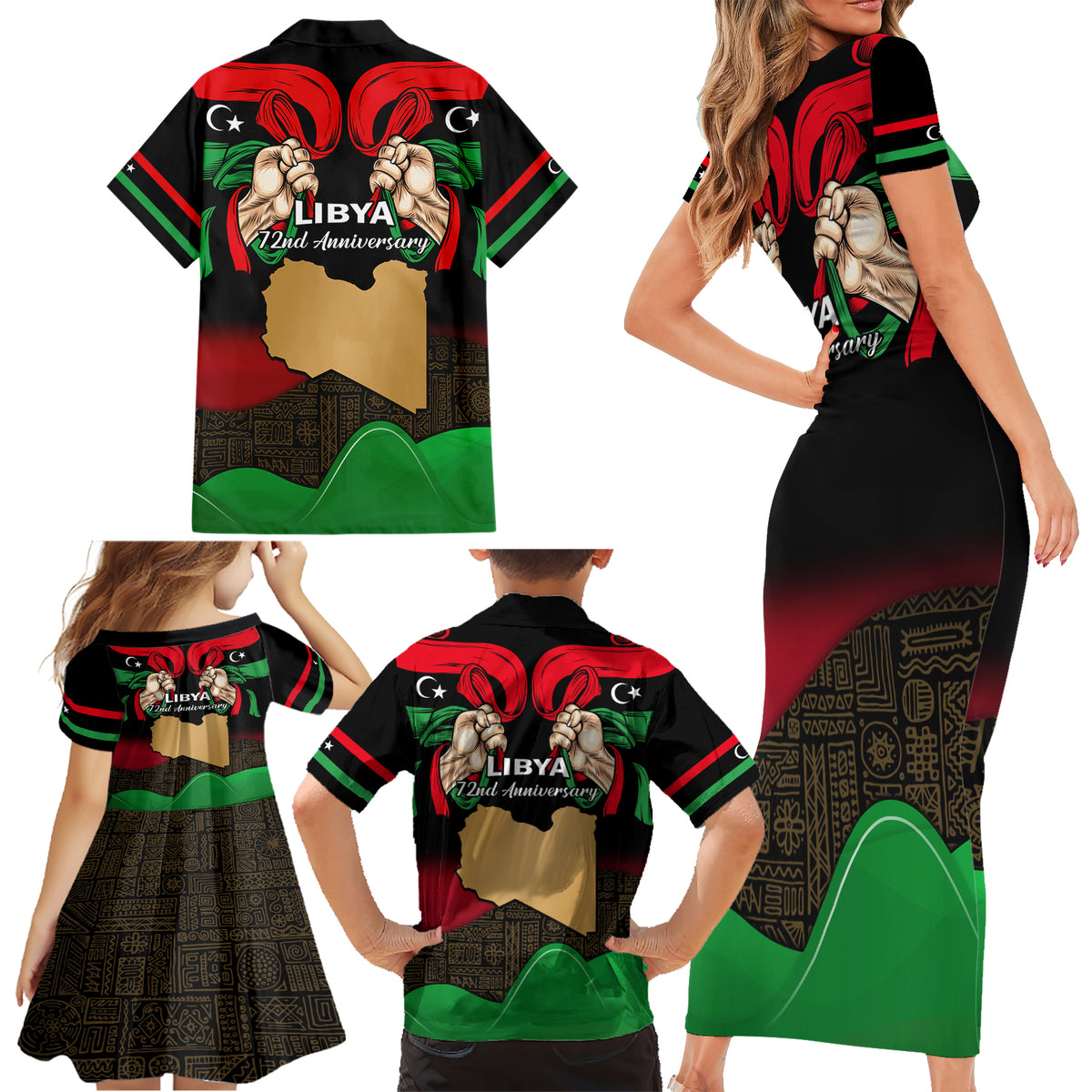 Libya Independence Day Family Matching Short Sleeve Bodycon Dress and Hawaiian Shirt Happy 24 December African Pattern Flag Style - Wonder Print Shop