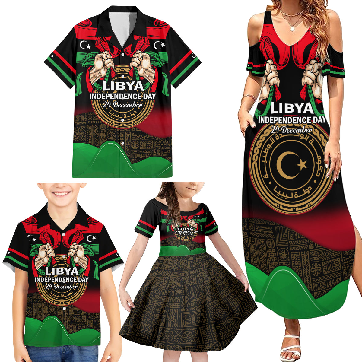 Libya Independence Day Family Matching Summer Maxi Dress and Hawaiian Shirt Happy 24 December African Pattern Flag Style - Wonder Print Shop