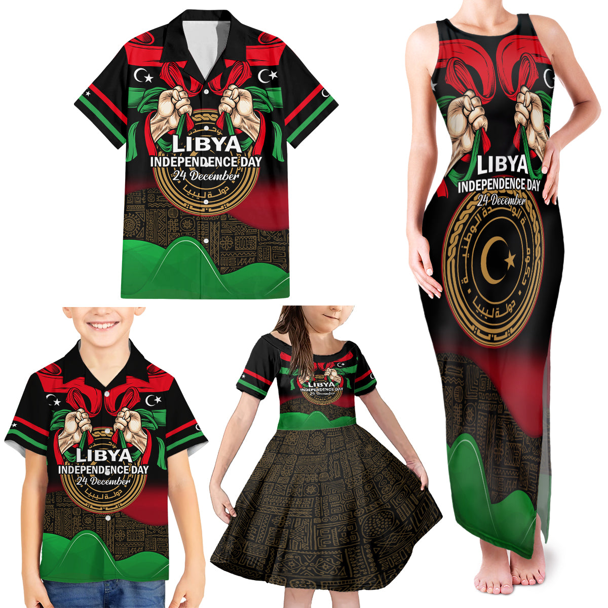 Libya Independence Day Family Matching Tank Maxi Dress and Hawaiian Shirt Happy 24 December African Pattern Flag Style - Wonder Print Shop