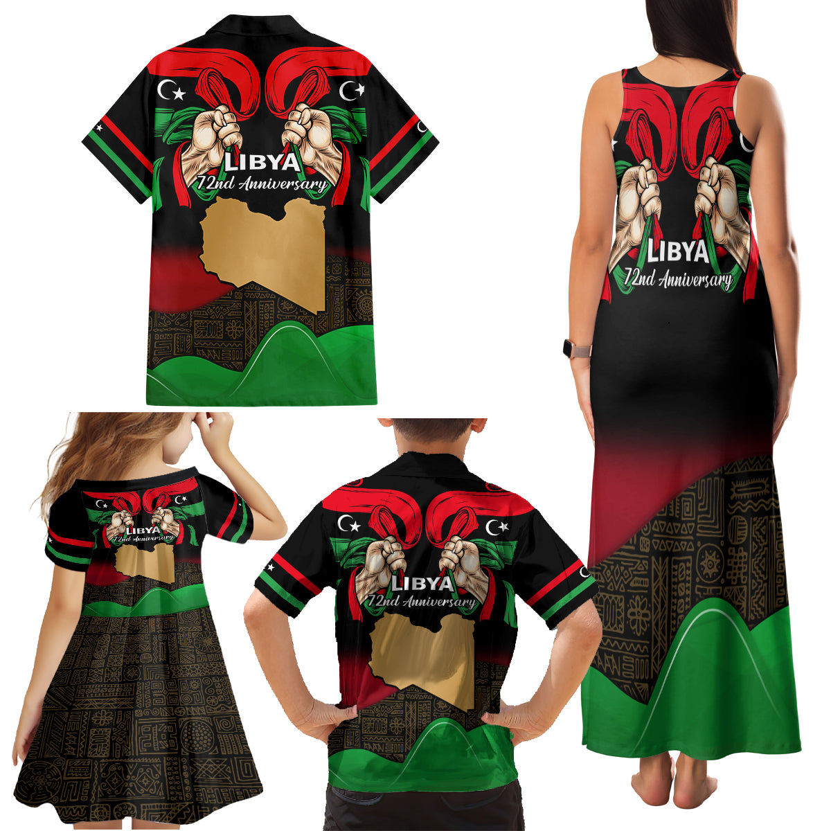 Libya Independence Day Family Matching Tank Maxi Dress and Hawaiian Shirt Happy 24 December African Pattern Flag Style - Wonder Print Shop
