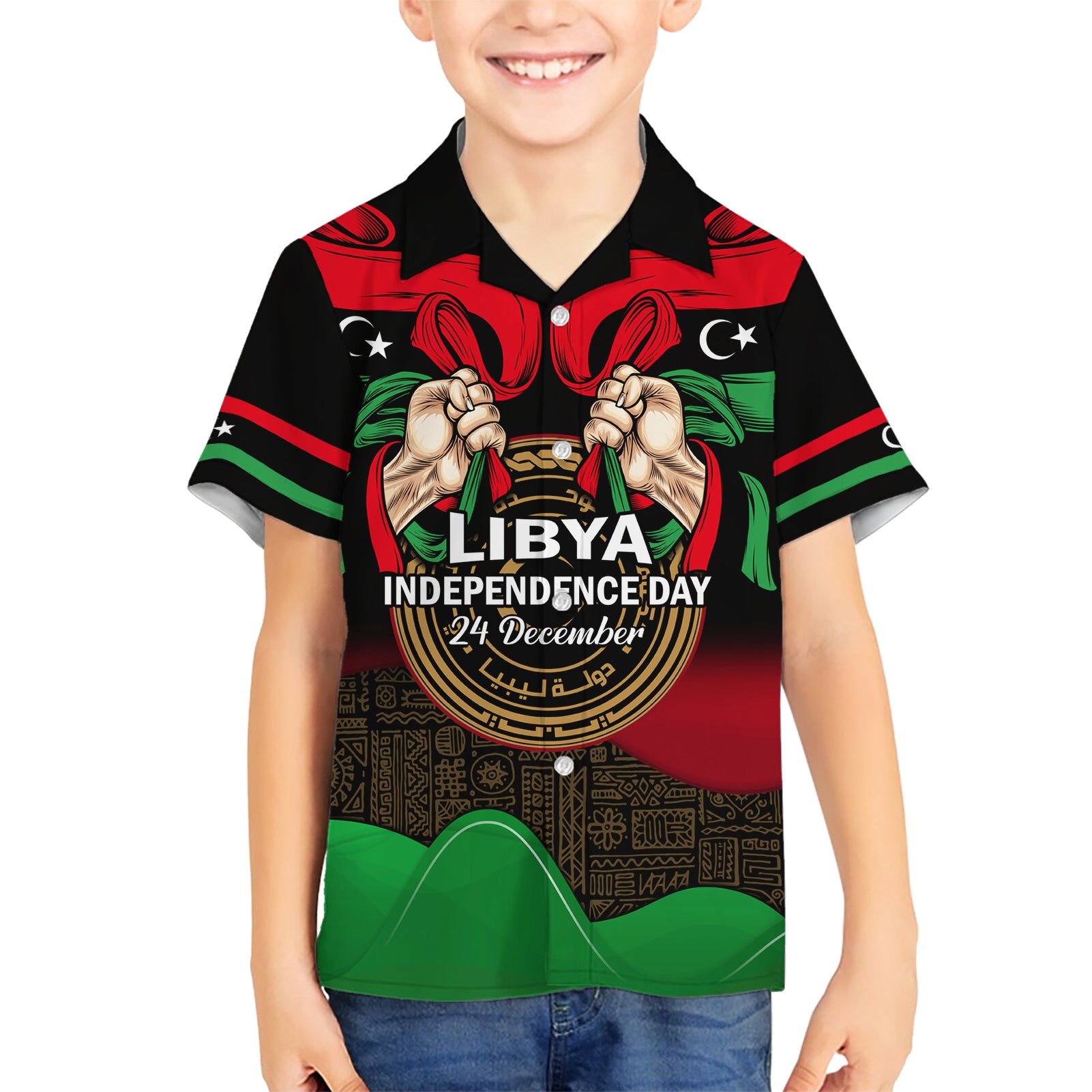 Libya Independence Day Kid Hawaiian Shirt Happy 24 December African Pattern Flag Style - Wonder Print Shop