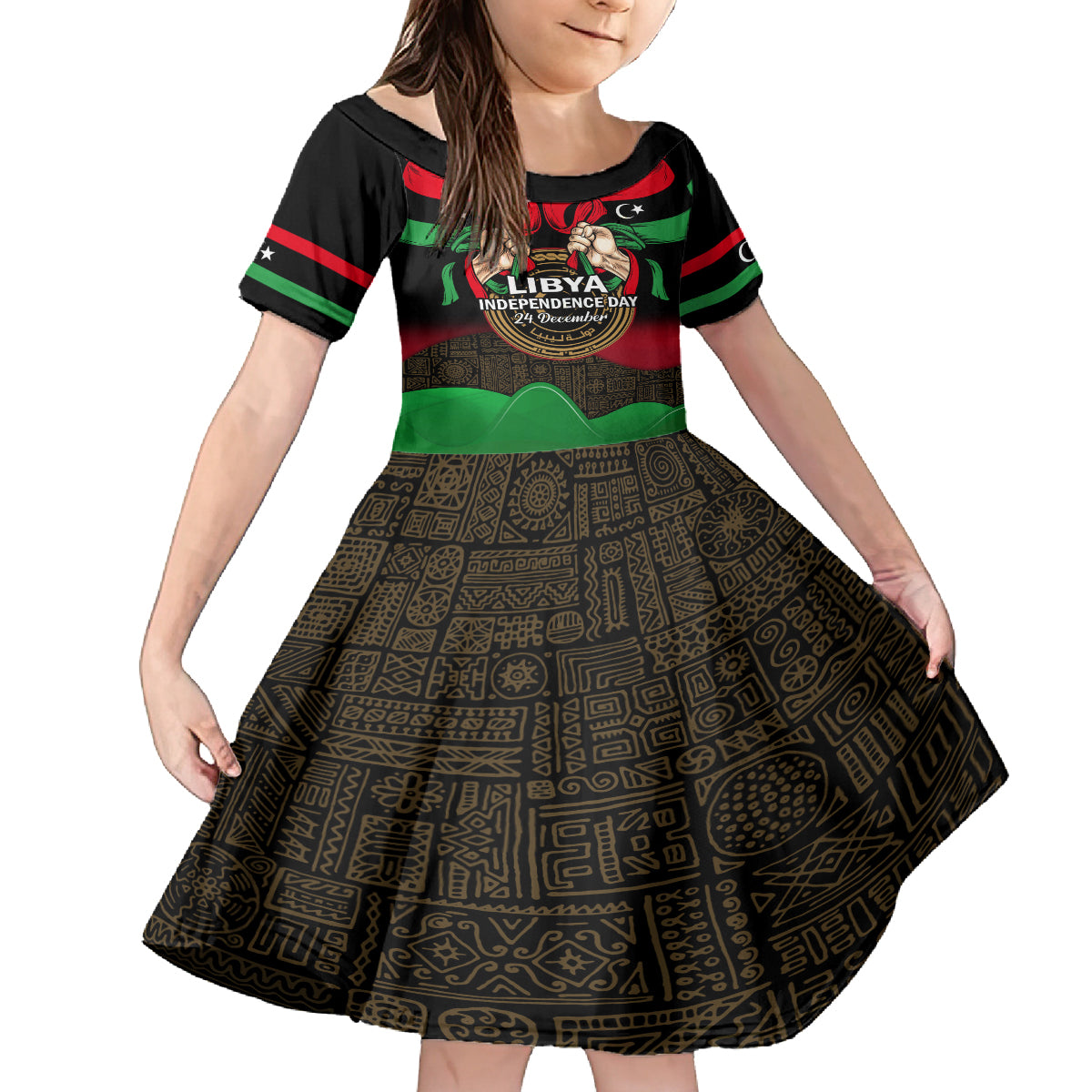 Libya Independence Day Kid Short Sleeve Dress Happy 24 December African Pattern Flag Style - Wonder Print Shop