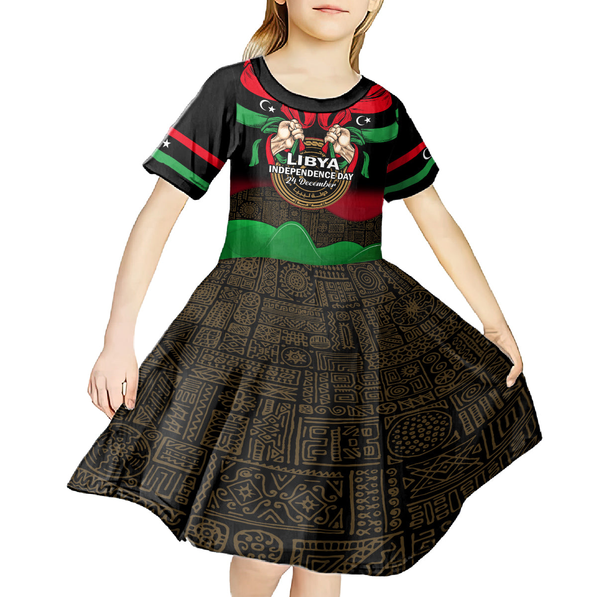 Libya Independence Day Kid Short Sleeve Dress Happy 24 December African Pattern Flag Style - Wonder Print Shop