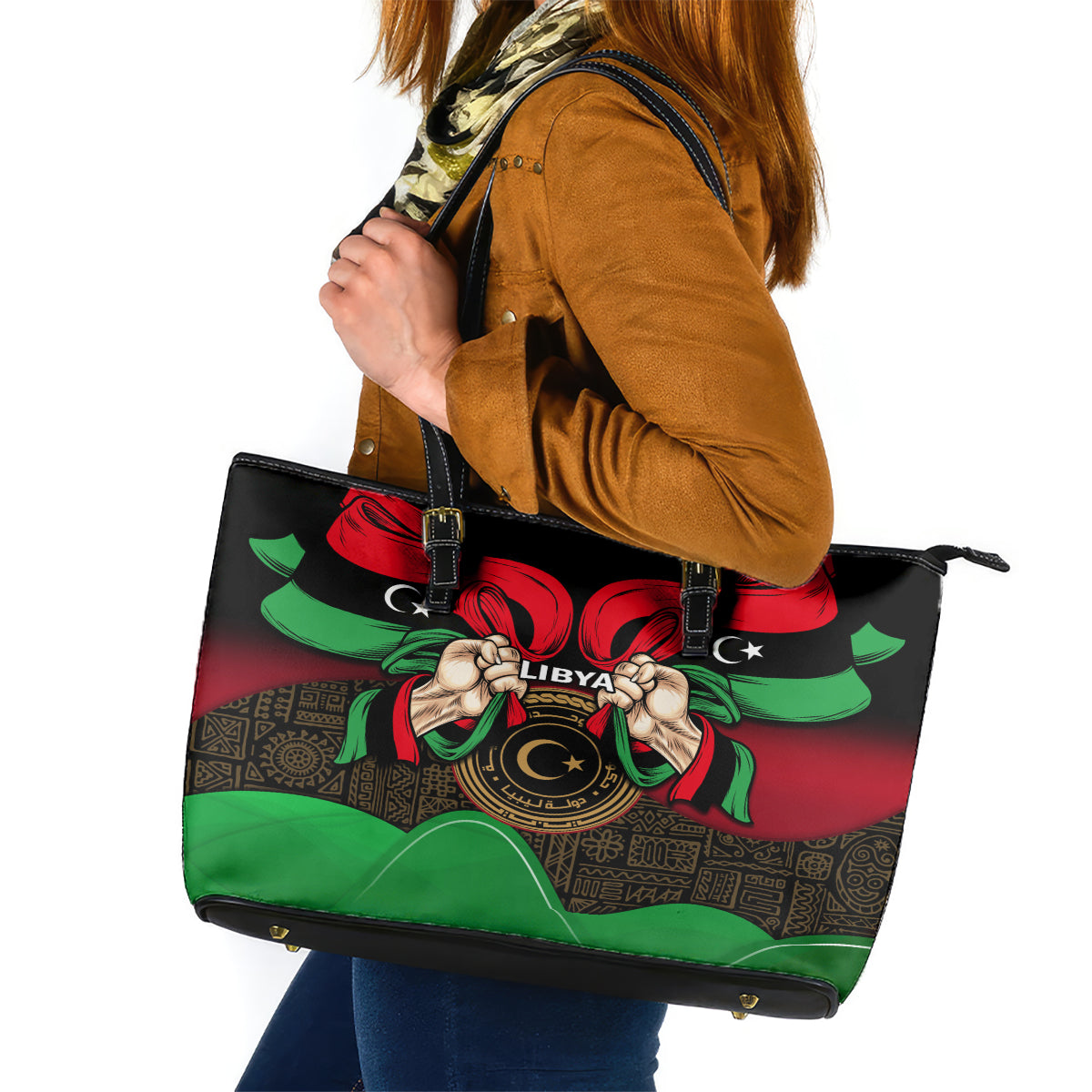 Libya Independence Day Leather Tote Bag Happy 24 December African Pattern Flag Style - Wonder Print Shop