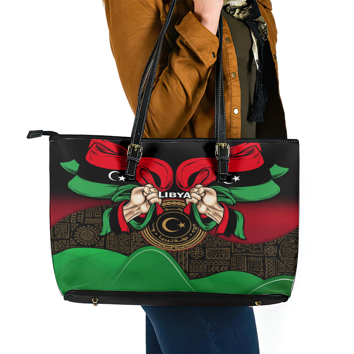 Libya Independence Day Leather Tote Bag Happy 24 December African Pattern Flag Style - Wonder Print Shop