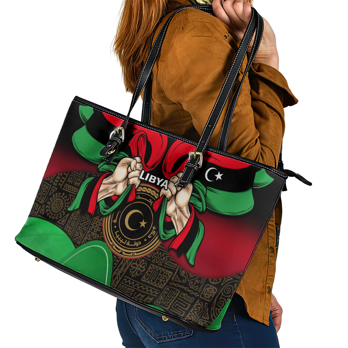 Libya Independence Day Leather Tote Bag Happy 24 December African Pattern Flag Style - Wonder Print Shop