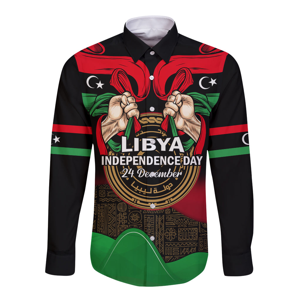 Libya Independence Day Long Sleeve Button Shirt Happy 24 December African Pattern Flag Style - Wonder Print Shop
