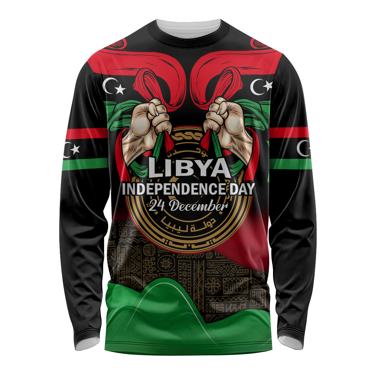 Libya Independence Day Long Sleeve Shirt Happy 24 December African Pattern Flag Style - Wonder Print Shop