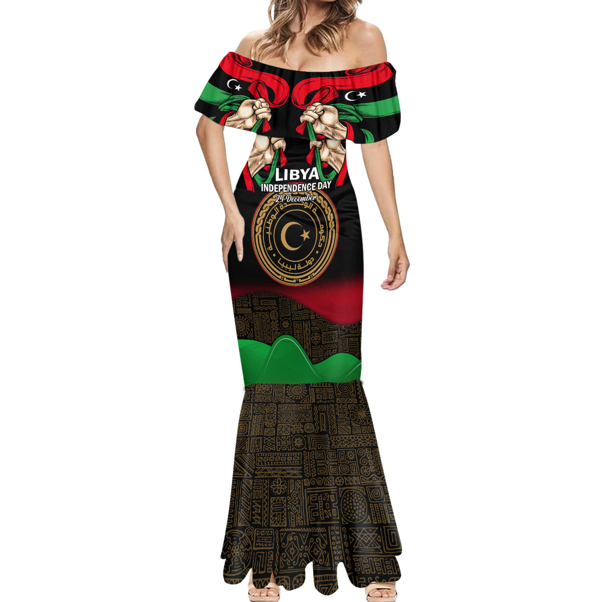 Libya Independence Day Mermaid Dress Happy 24 December African Pattern Flag Style - Wonder Print Shop
