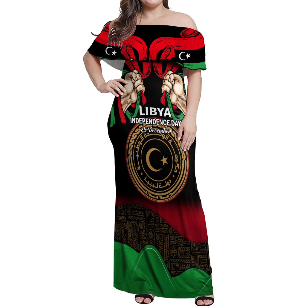 Libya Independence Day Off Shoulder Maxi Dress Happy 24 December African Pattern Flag Style - Wonder Print Shop