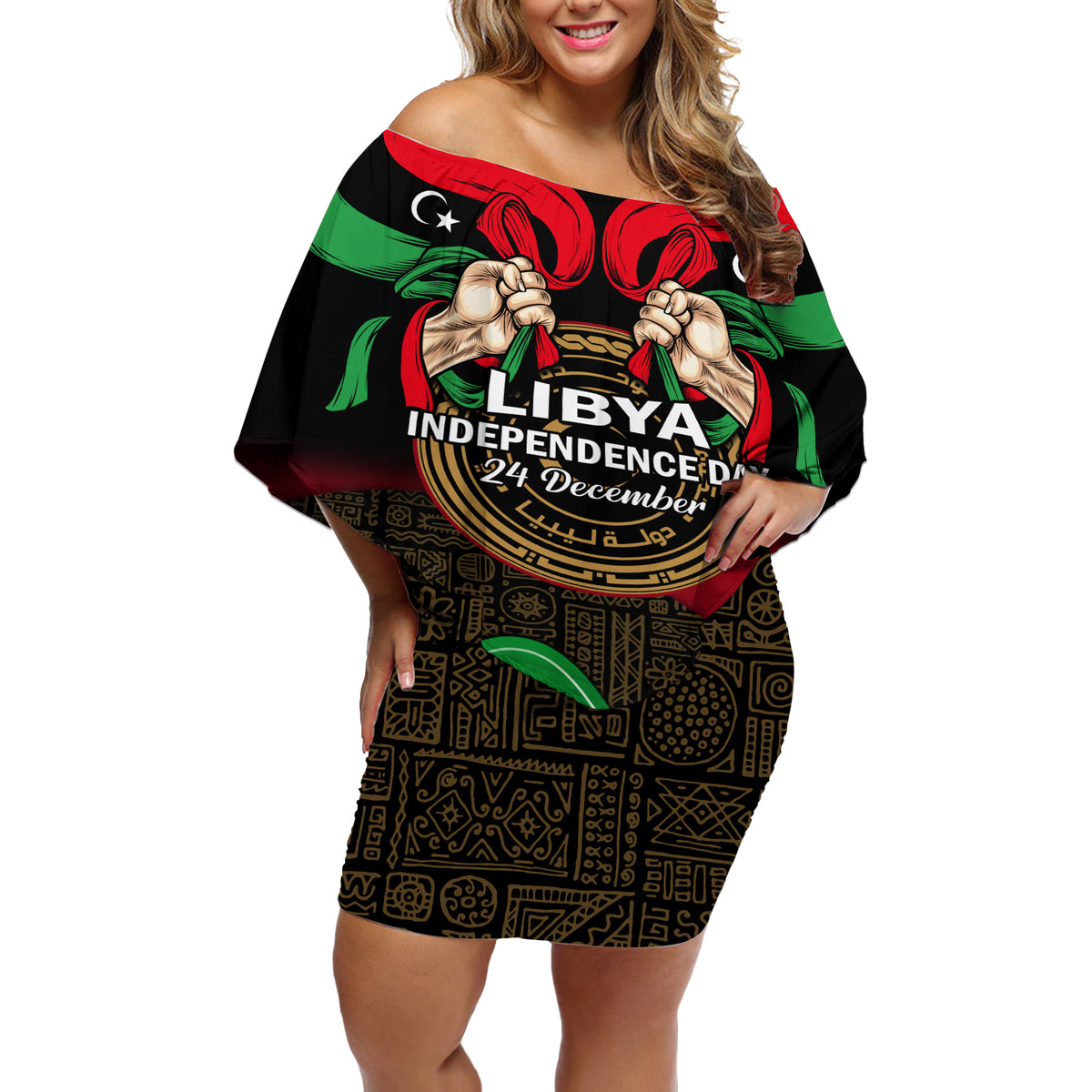 Libya Independence Day Off Shoulder Short Dress Happy 24 December African Pattern Flag Style - Wonder Print Shop