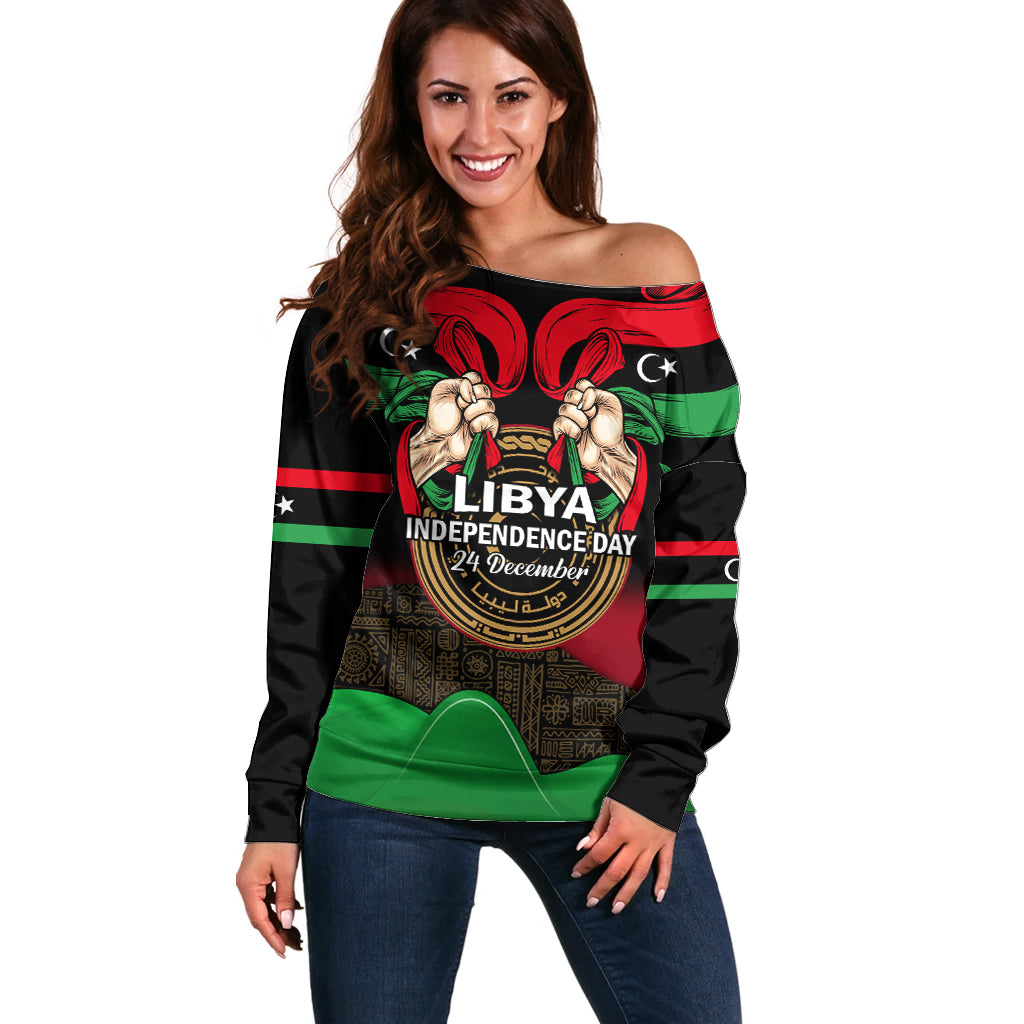 Libya Independence Day Off Shoulder Sweater Happy 24 December African Pattern Flag Style - Wonder Print Shop