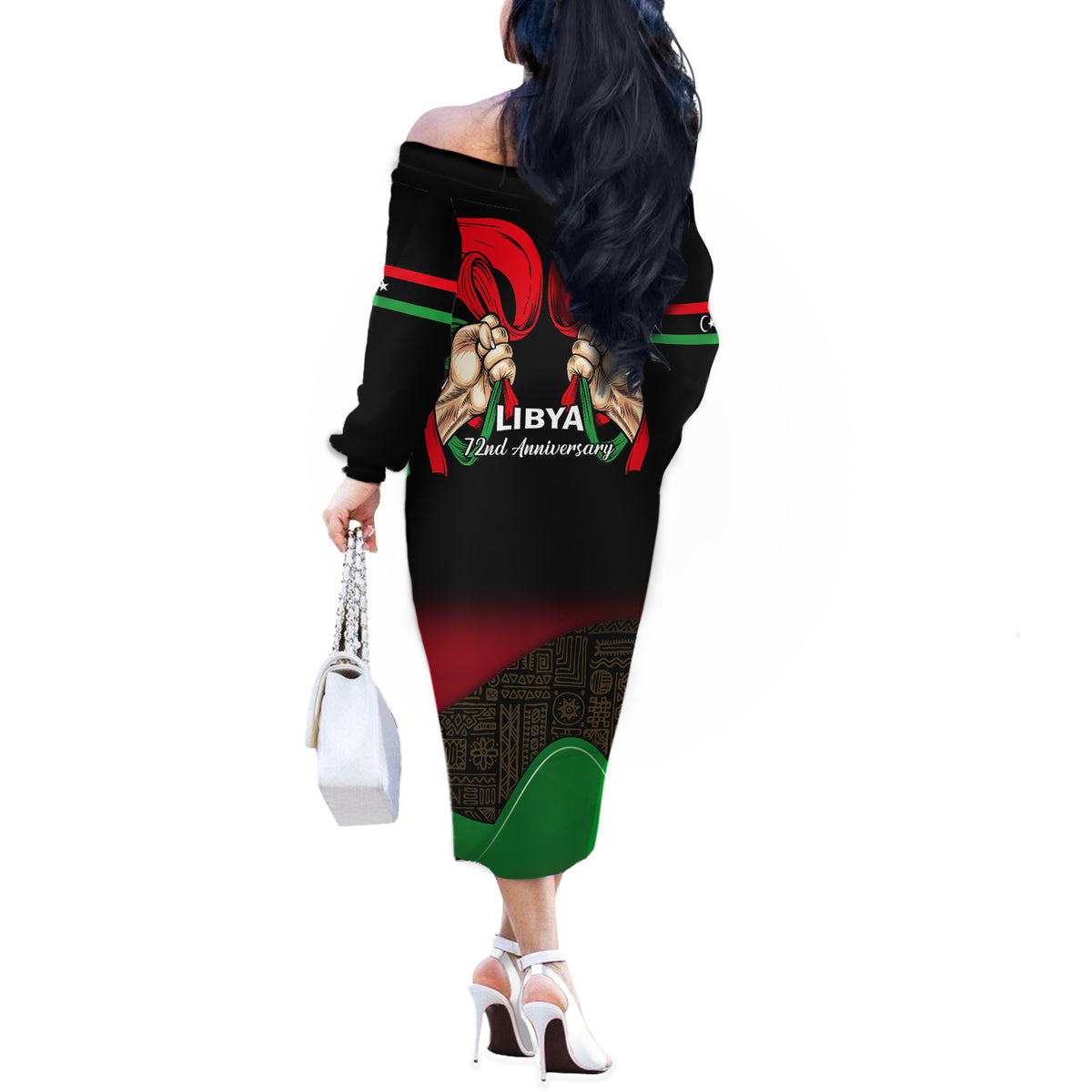 Libya Independence Day Off The Shoulder Long Sleeve Dress Happy 24 December African Pattern Flag Style - Wonder Print Shop