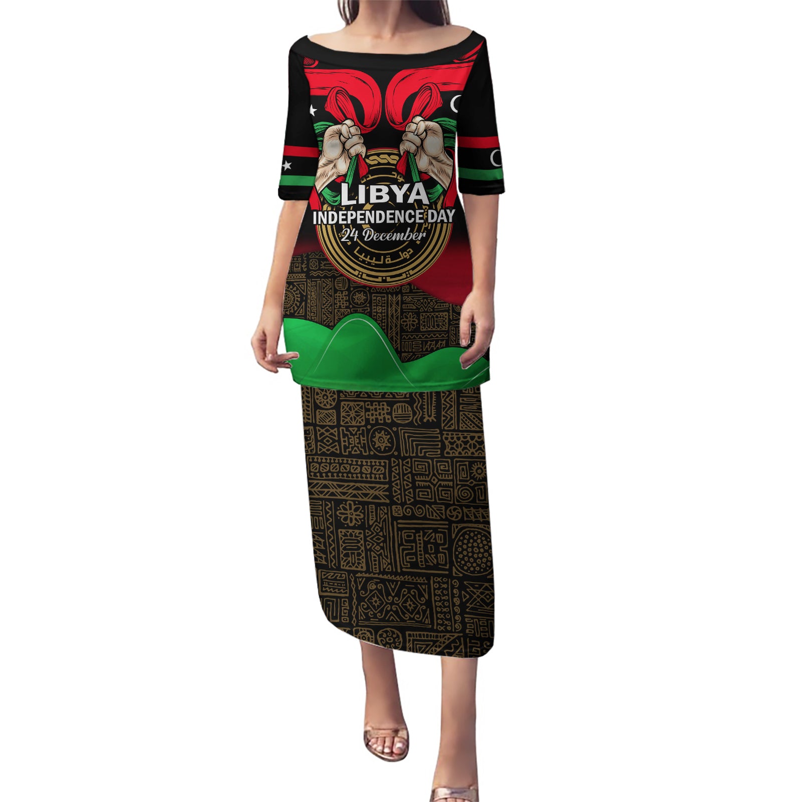 Libya Independence Day Puletasi Happy 24 December African Pattern Flag Style - Wonder Print Shop