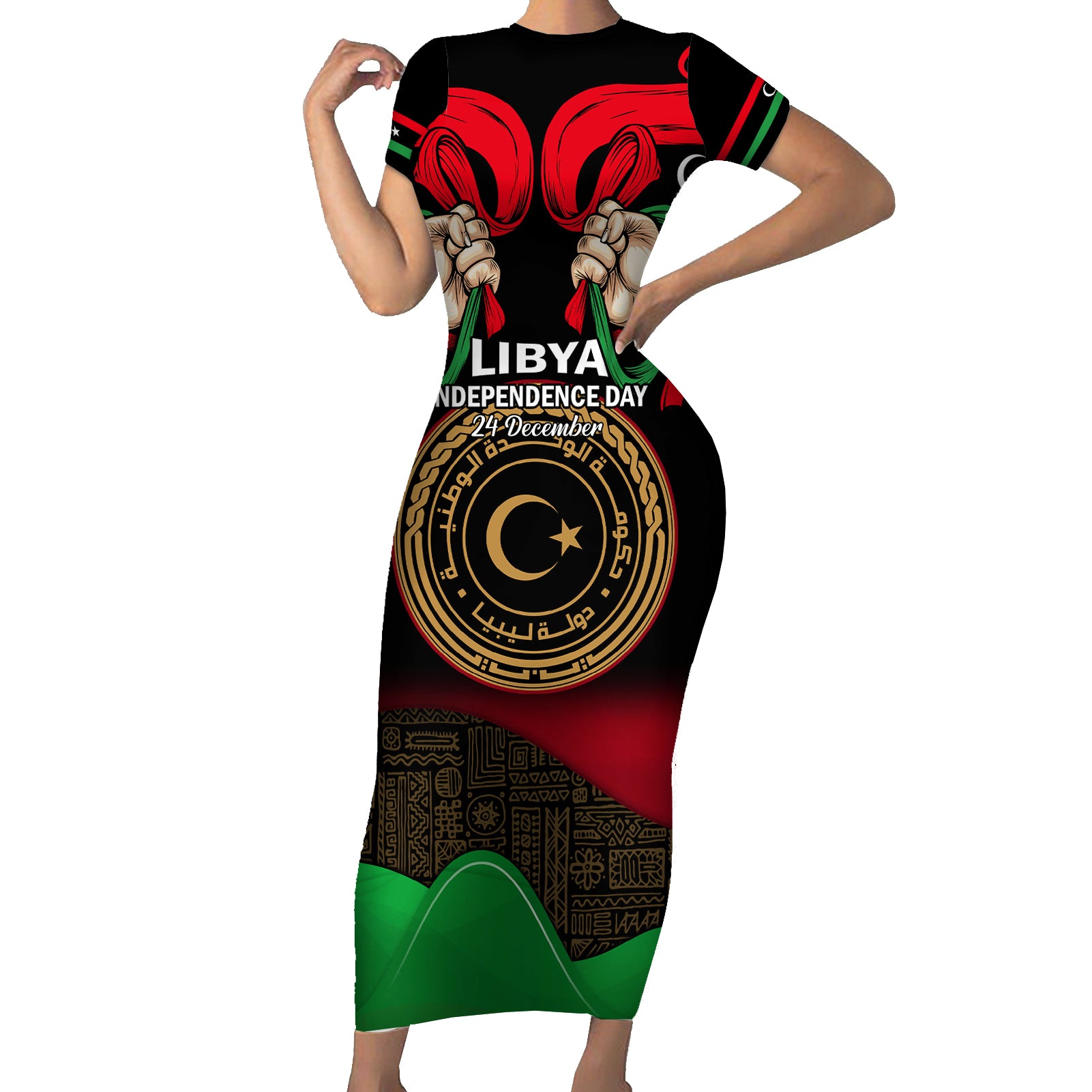 Libya Independence Day Short Sleeve Bodycon Dress Happy 24 December African Pattern Flag Style - Wonder Print Shop