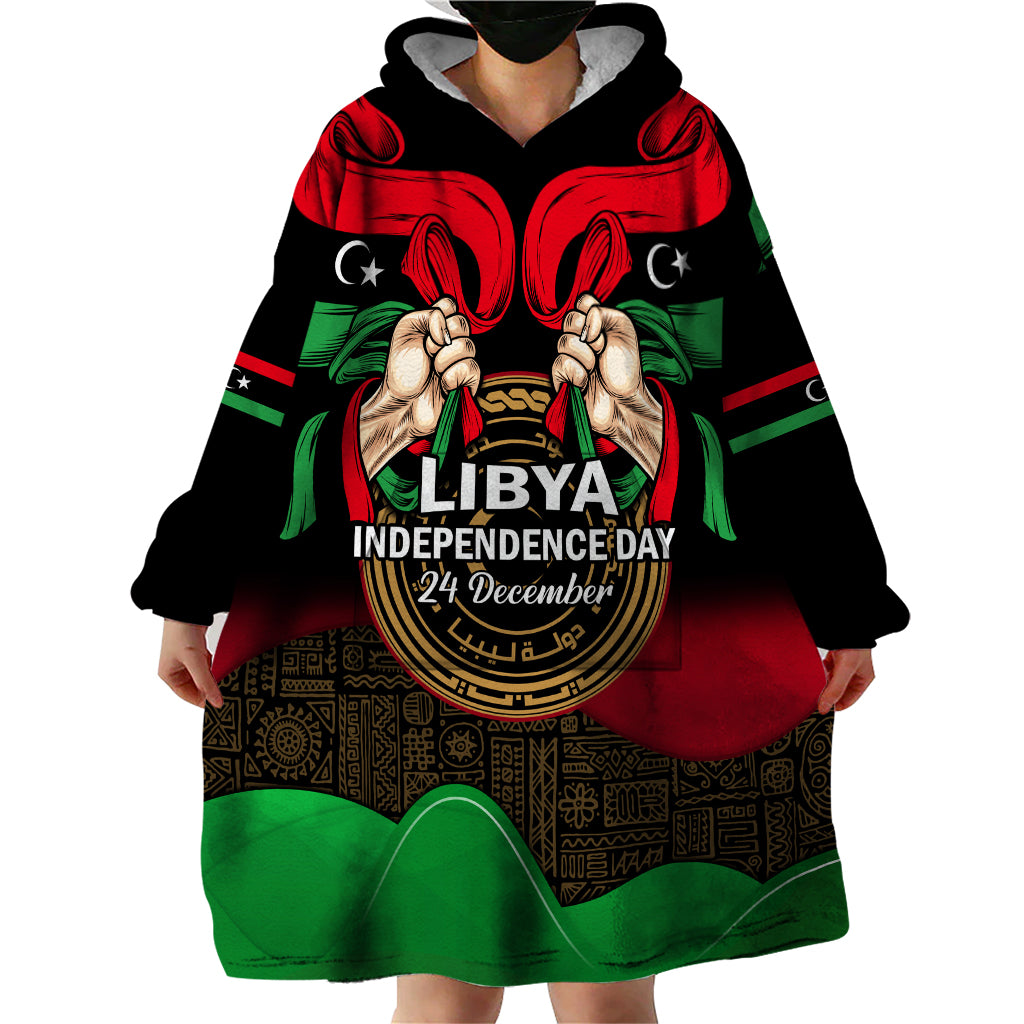 Libya Independence Day Wearable Blanket Hoodie Happy 24 December African Pattern Flag Style - Wonder Print Shop