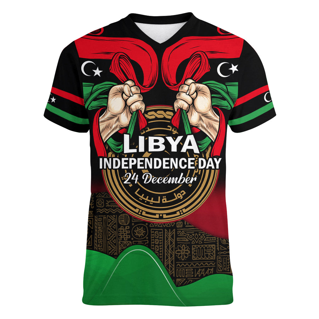 Libya Independence Day Women V Neck T Shirt Happy 24 December African Pattern Flag Style - Wonder Print Shop