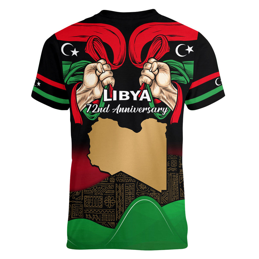 Libya Independence Day Women V Neck T Shirt Happy 24 December African Pattern Flag Style - Wonder Print Shop