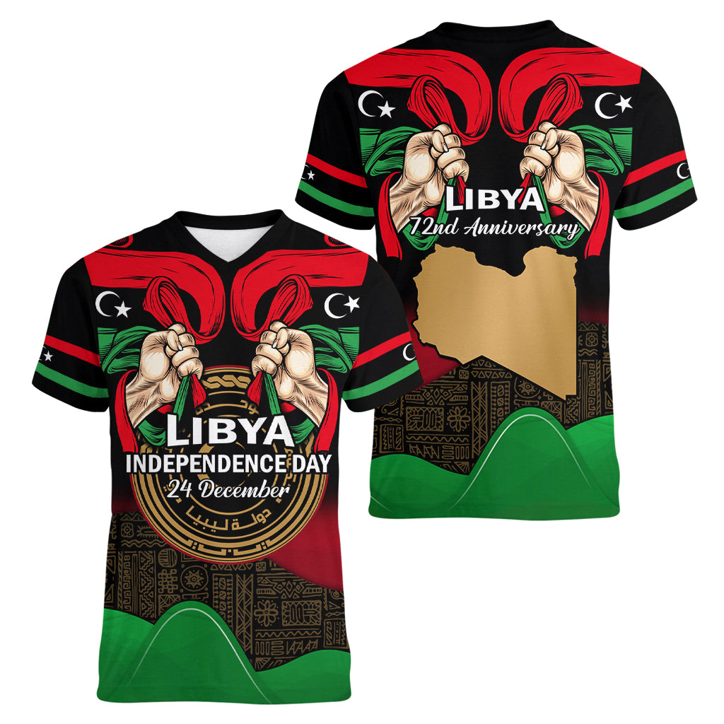 Libya Independence Day Women V Neck T Shirt Happy 24 December African Pattern Flag Style - Wonder Print Shop