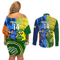 Custom Australia And India Cricket Couples Matching Off Shoulder Short Dress and Long Sleeve Button Shirt 2023 World Cup Final Together - Wonder Print Shop