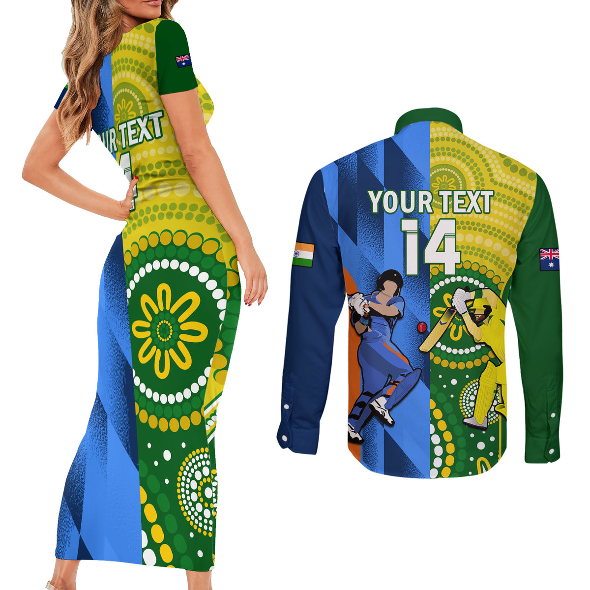 Custom Australia And India Cricket Couples Matching Short Sleeve Bodycon Dress and Long Sleeve Button Shirt 2023 World Cup Final Together - Wonder Print Shop