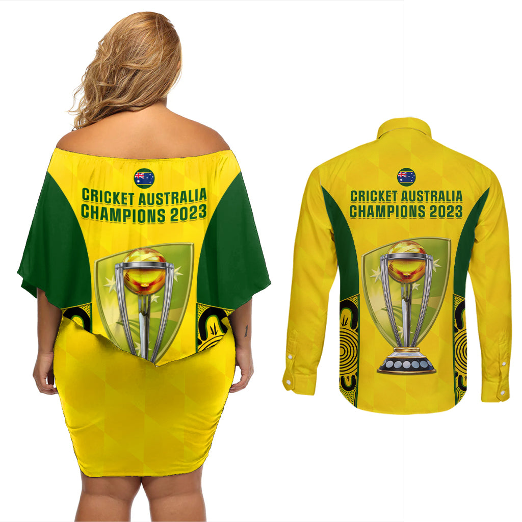 Australia Cricket Couples Matching Off Shoulder Short Dress and Long Sleeve Button Shirt World Cup Go Champions 2023 Indigenous - Wonder Print Shop