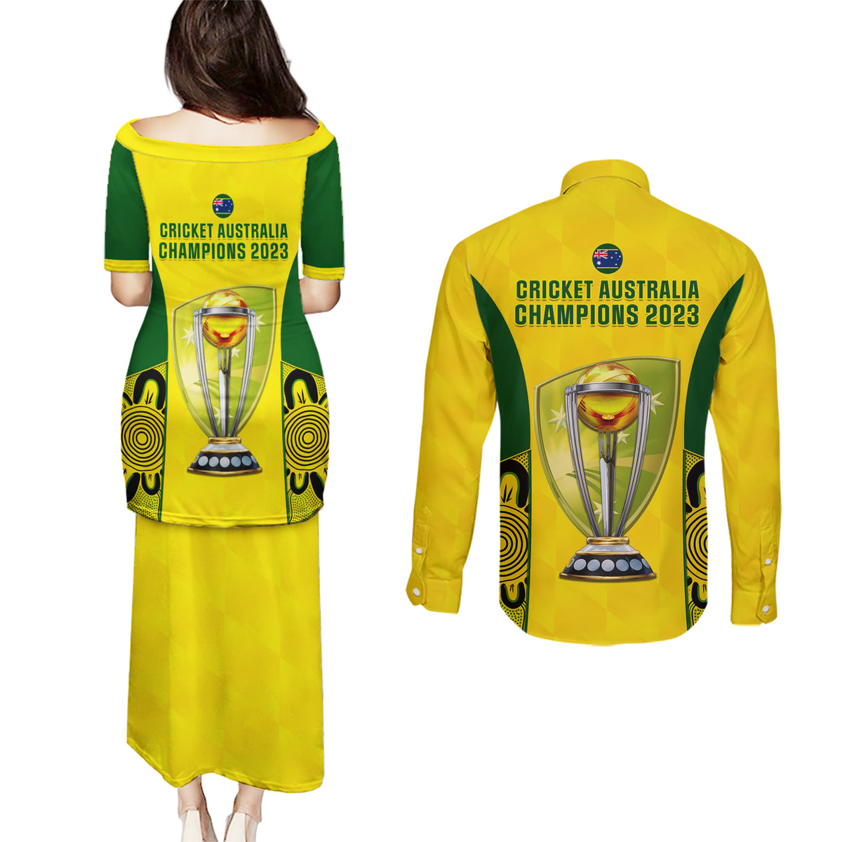 Australia Cricket Couples Matching Puletasi Dress and Long Sleeve Button Shirt World Cup Go Champions 2023 Indigenous - Wonder Print Shop