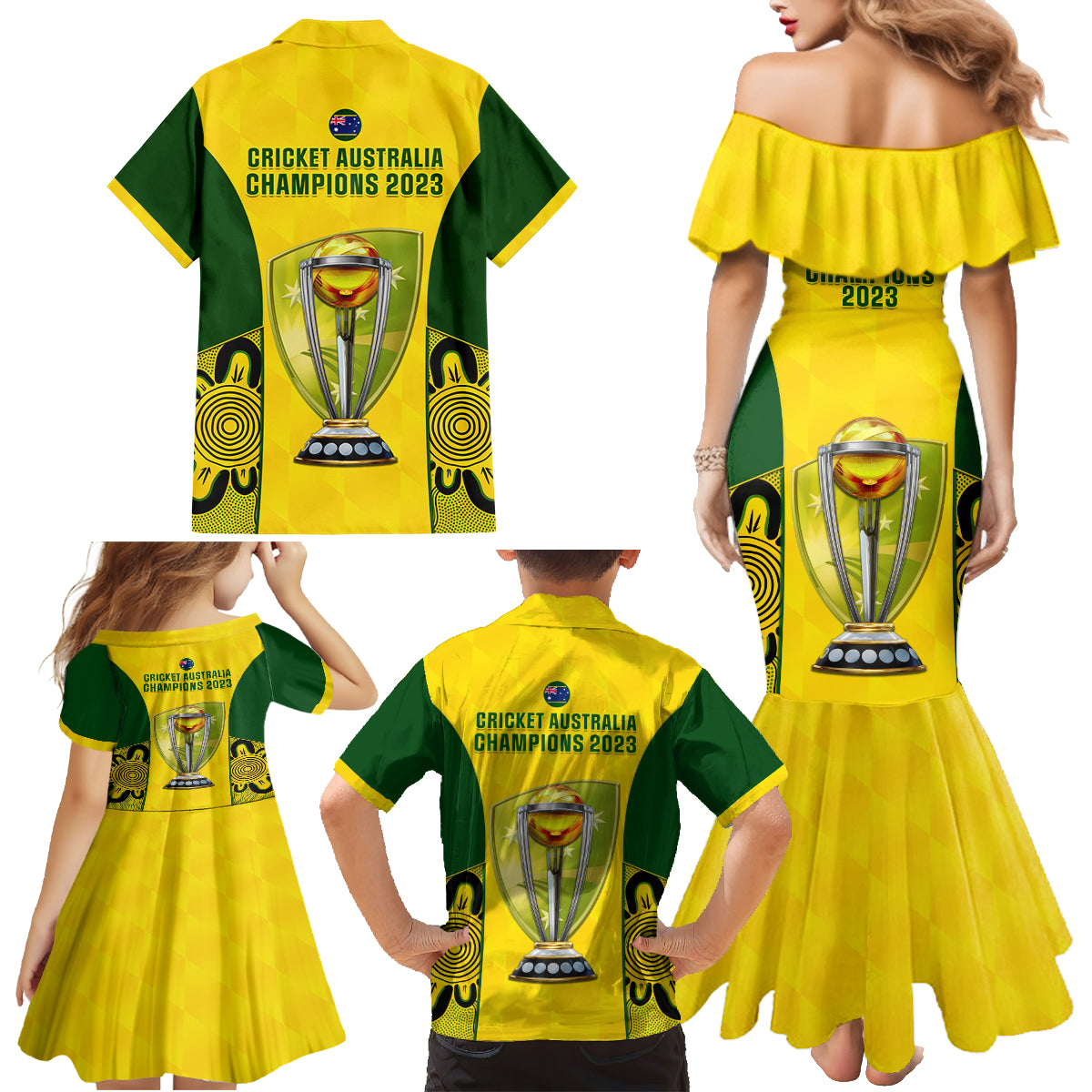 Australia Cricket Family Matching Mermaid Dress and Hawaiian Shirt World Cup Go Champions 2023 Indigenous - Wonder Print Shop