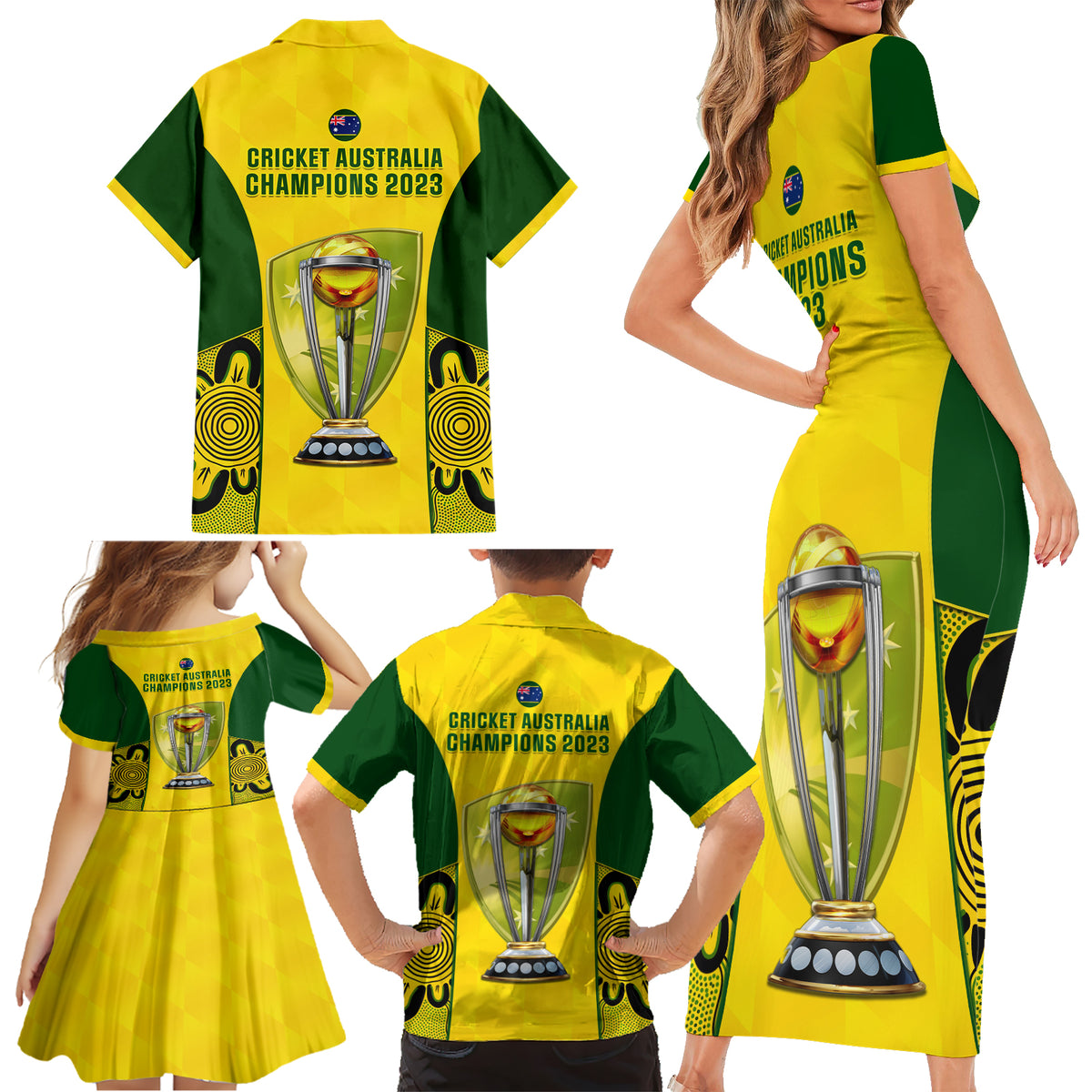 Australia Cricket Family Matching Short Sleeve Bodycon Dress and Hawaiian Shirt World Cup Go Champions 2023 Indigenous - Wonder Print Shop