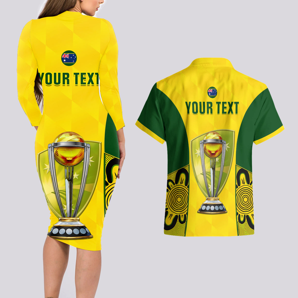 Custom Australia Cricket Couples Matching Long Sleeve Bodycon Dress and Hawaiian Shirt World Cup Go Champions 2023 Indigenous - Wonder Print Shop