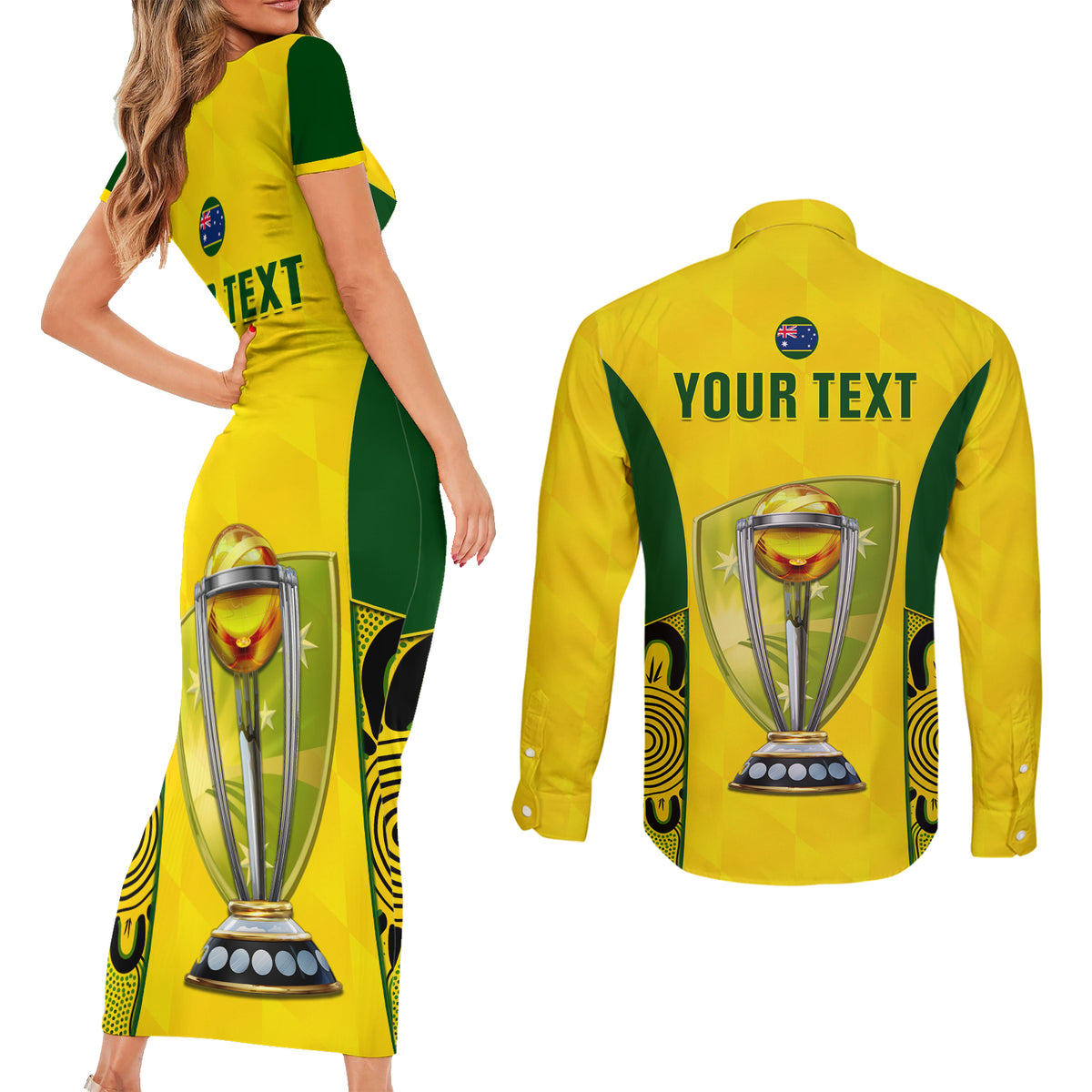 Custom Australia Cricket Couples Matching Short Sleeve Bodycon Dress and Long Sleeve Button Shirt World Cup Go Champions 2023 Indigenous - Wonder Print Shop
