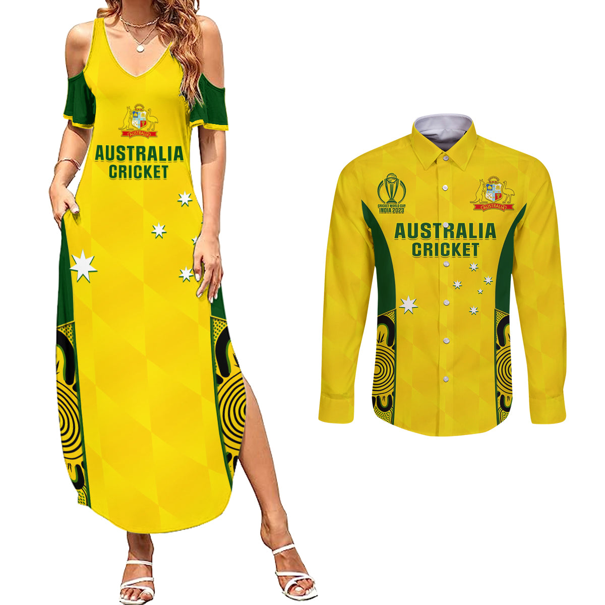 Custom Australia Cricket Couples Matching Summer Maxi Dress and Long Sleeve Button Shirt World Cup Go Champions 2023 Indigenous - Wonder Print Shop