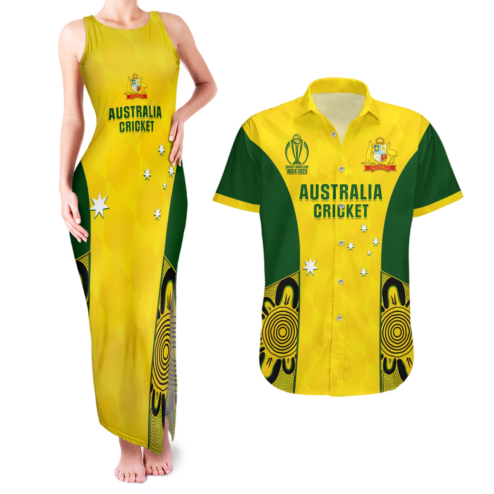 Custom Australia Cricket Couples Matching Tank Maxi Dress and Hawaiian Shirt World Cup Go Champions 2023 Indigenous - Wonder Print Shop
