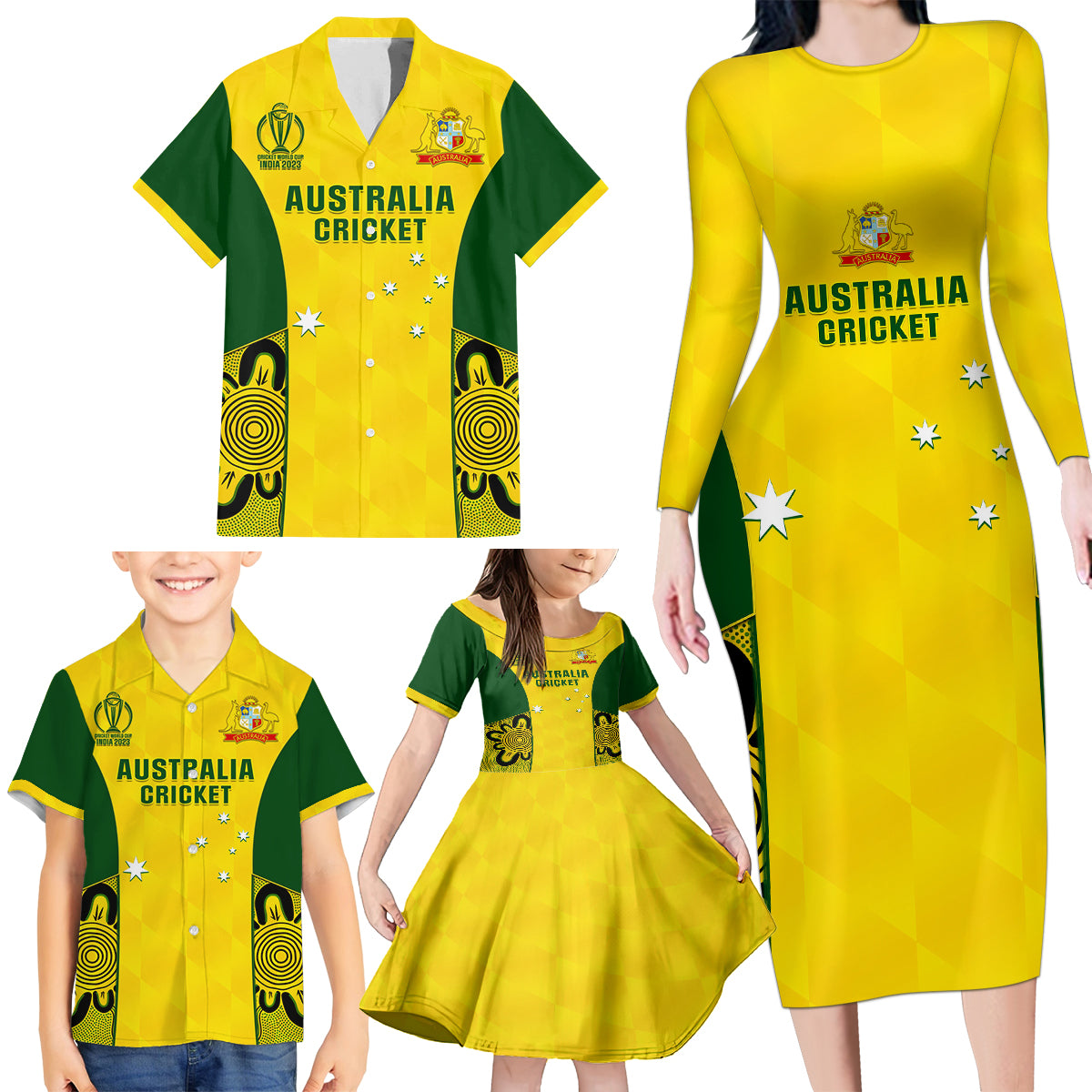 Custom Australia Cricket Family Matching Long Sleeve Bodycon Dress and Hawaiian Shirt World Cup Go Champions 2023 Indigenous - Wonder Print Shop