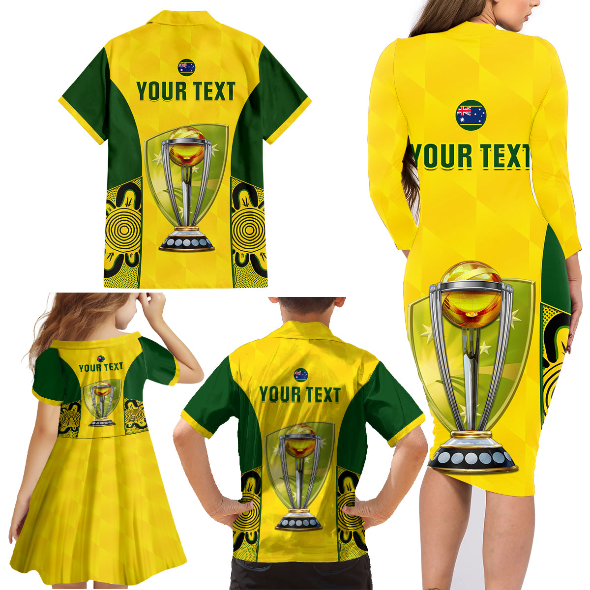 Custom Australia Cricket Family Matching Long Sleeve Bodycon Dress and Hawaiian Shirt World Cup Go Champions 2023 Indigenous - Wonder Print Shop
