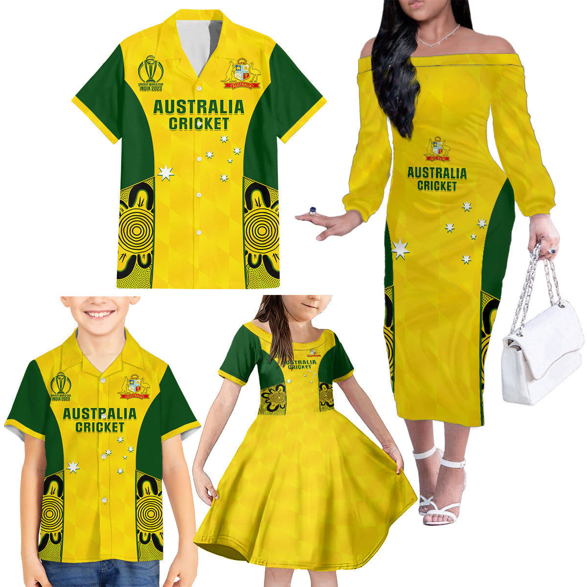 Custom Australia Cricket Family Matching Off Shoulder Long Sleeve Dress and Hawaiian Shirt World Cup Go Champions 2023 Indigenous - Wonder Print Shop