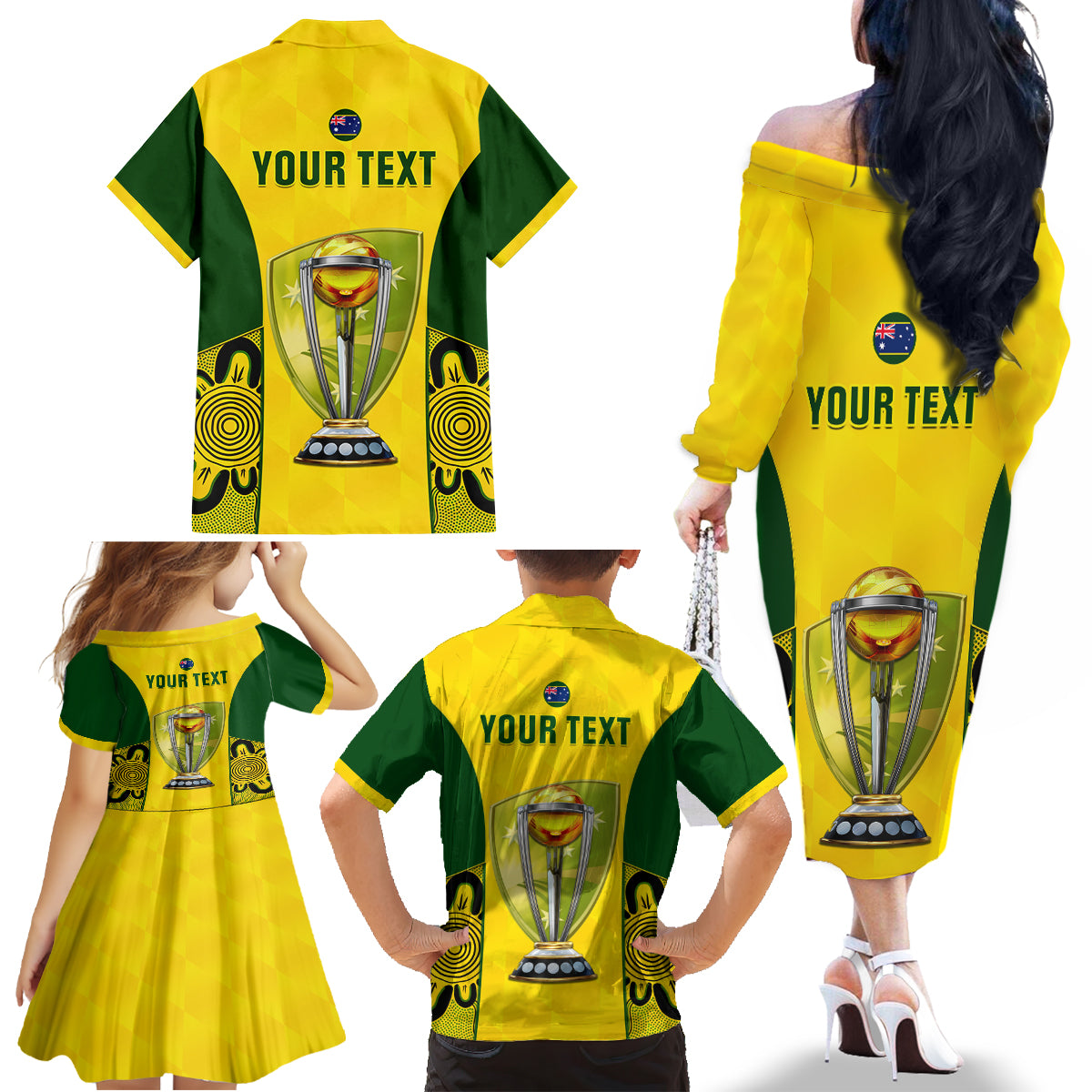 Custom Australia Cricket Family Matching Off Shoulder Long Sleeve Dress and Hawaiian Shirt World Cup Go Champions 2023 Indigenous - Wonder Print Shop
