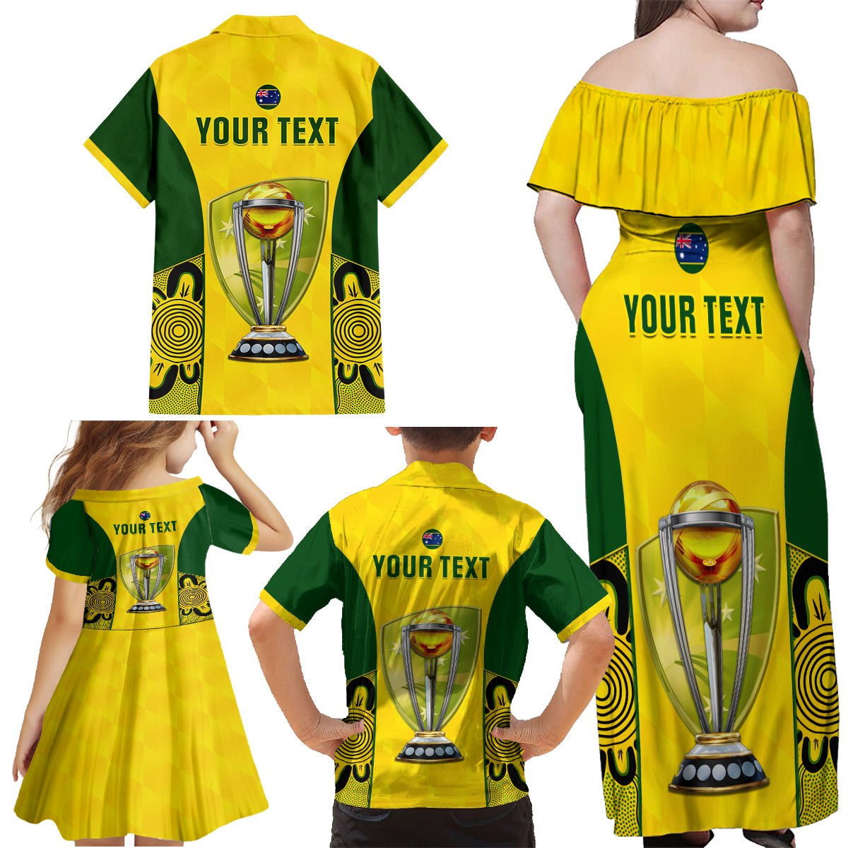 Custom Australia Cricket Family Matching Off Shoulder Maxi Dress and Hawaiian Shirt World Cup Go Champions 2023 Indigenous - Wonder Print Shop