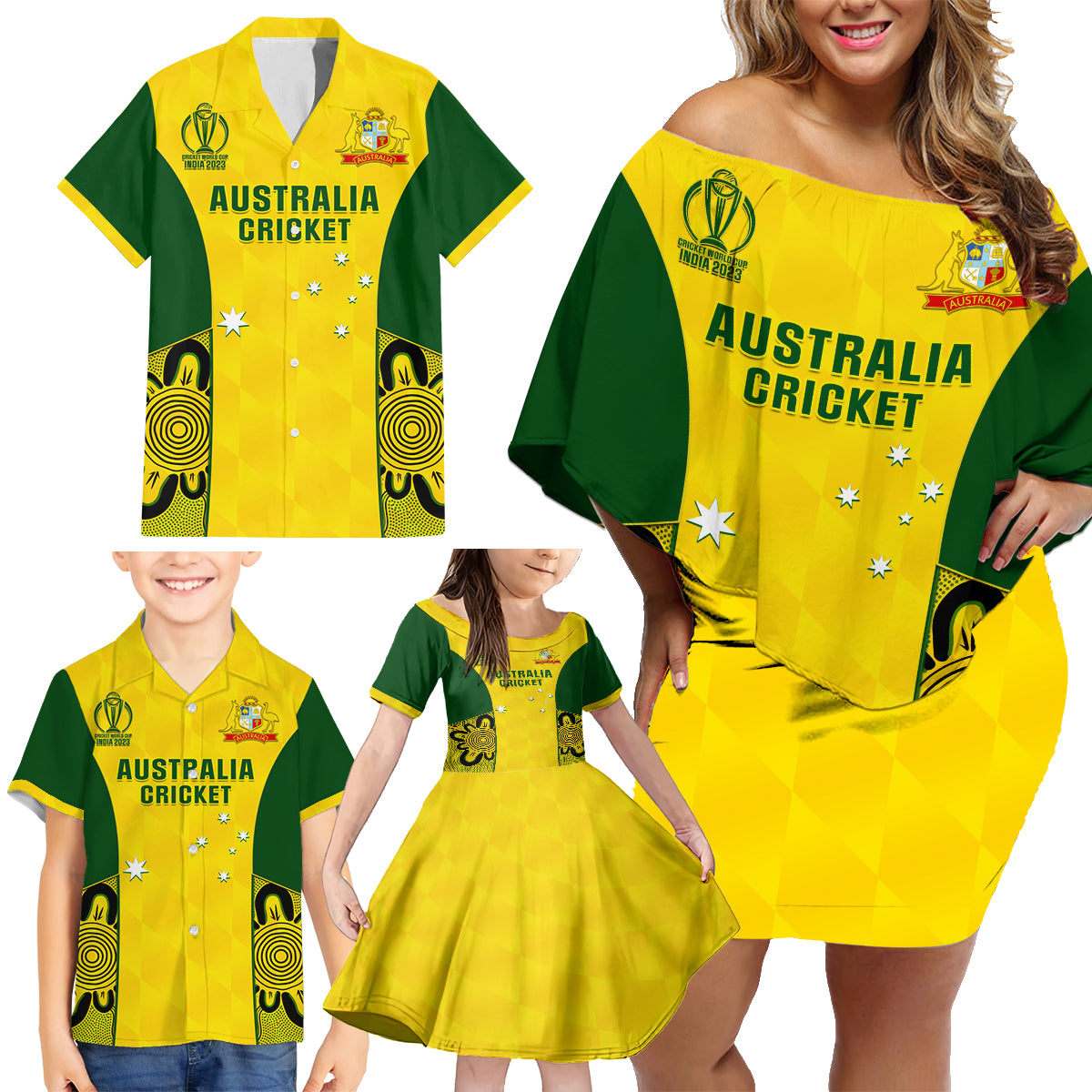 Custom Australia Cricket Family Matching Off Shoulder Short Dress and Hawaiian Shirt World Cup Go Champions 2023 Indigenous - Wonder Print Shop