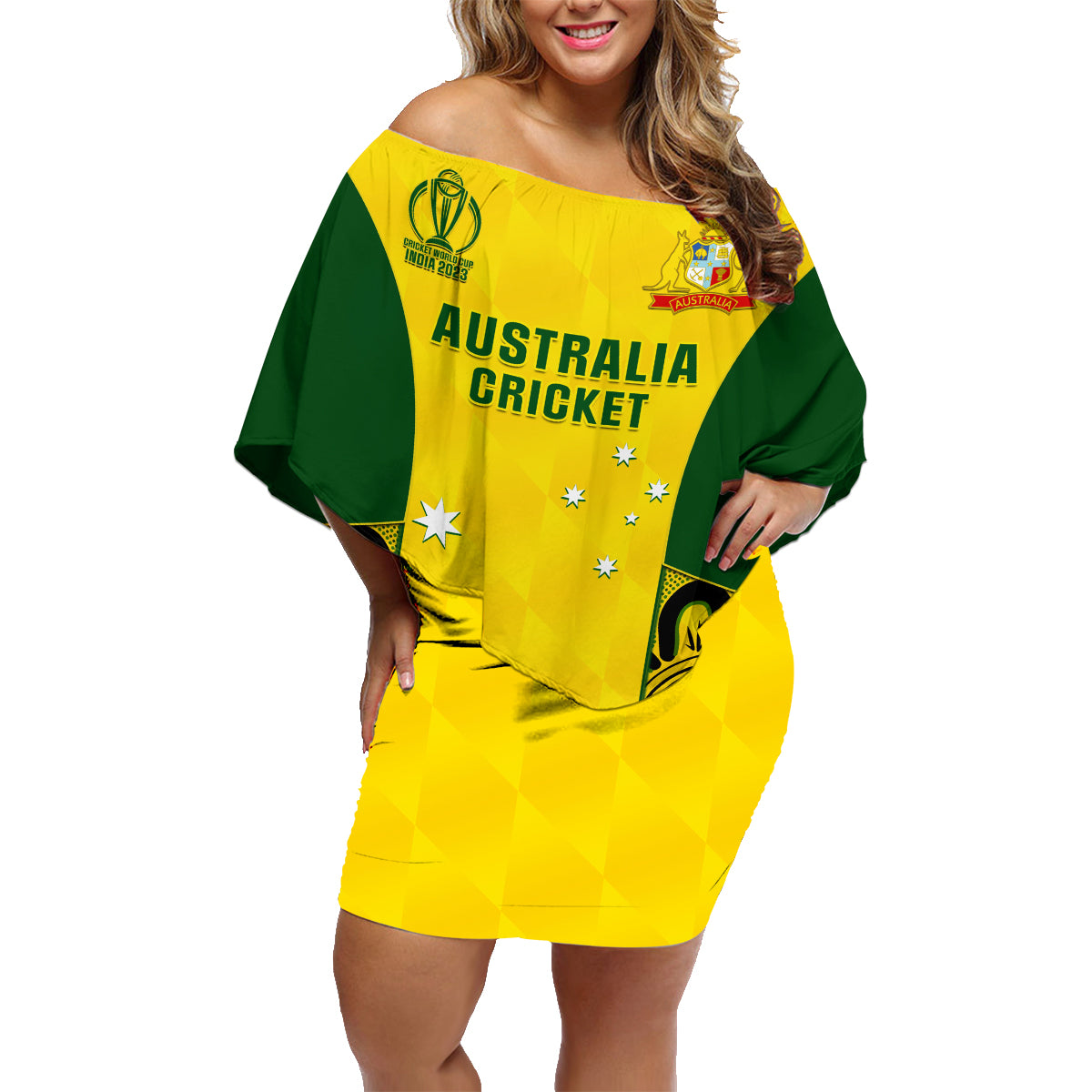 Custom Australia Cricket Family Matching Off Shoulder Short Dress and Hawaiian Shirt World Cup Go Champions 2023 Indigenous - Wonder Print Shop