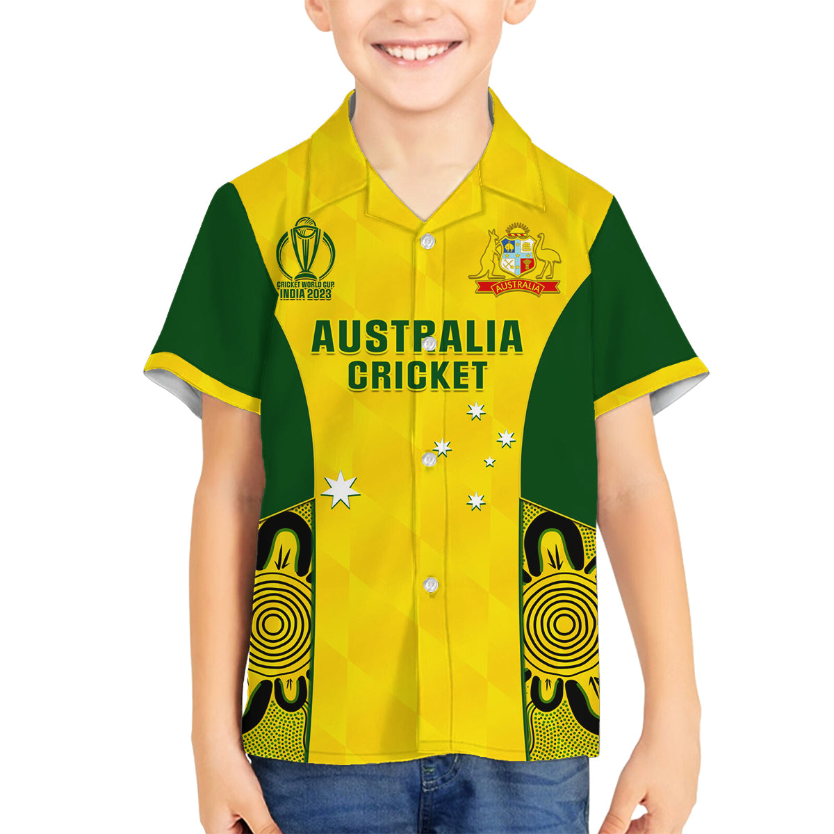 Custom Australia Cricket Family Matching Off Shoulder Short Dress and Hawaiian Shirt World Cup Go Champions 2023 Indigenous - Wonder Print Shop
