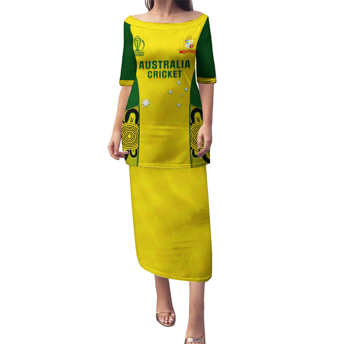 Custom Australia Cricket Family Matching Puletasi Dress and Hawaiian Shirt World Cup Go Champions 2023 Indigenous - Wonder Print Shop