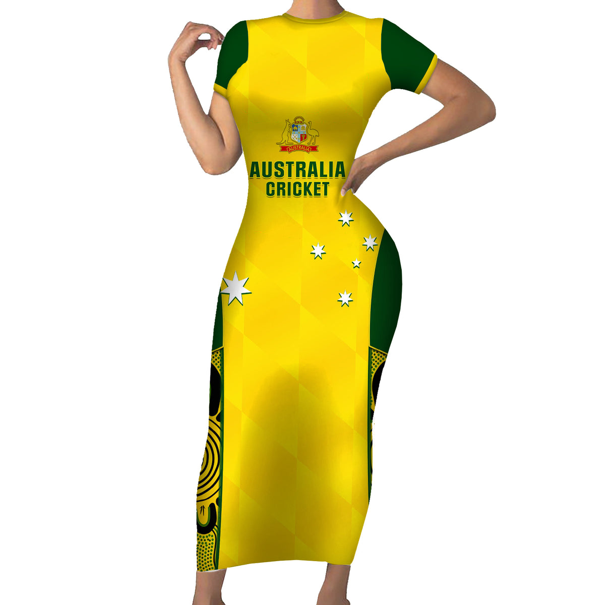 Custom Australia Cricket Family Matching Short Sleeve Bodycon Dress and Hawaiian Shirt World Cup Go Champions 2023 Indigenous - Wonder Print Shop