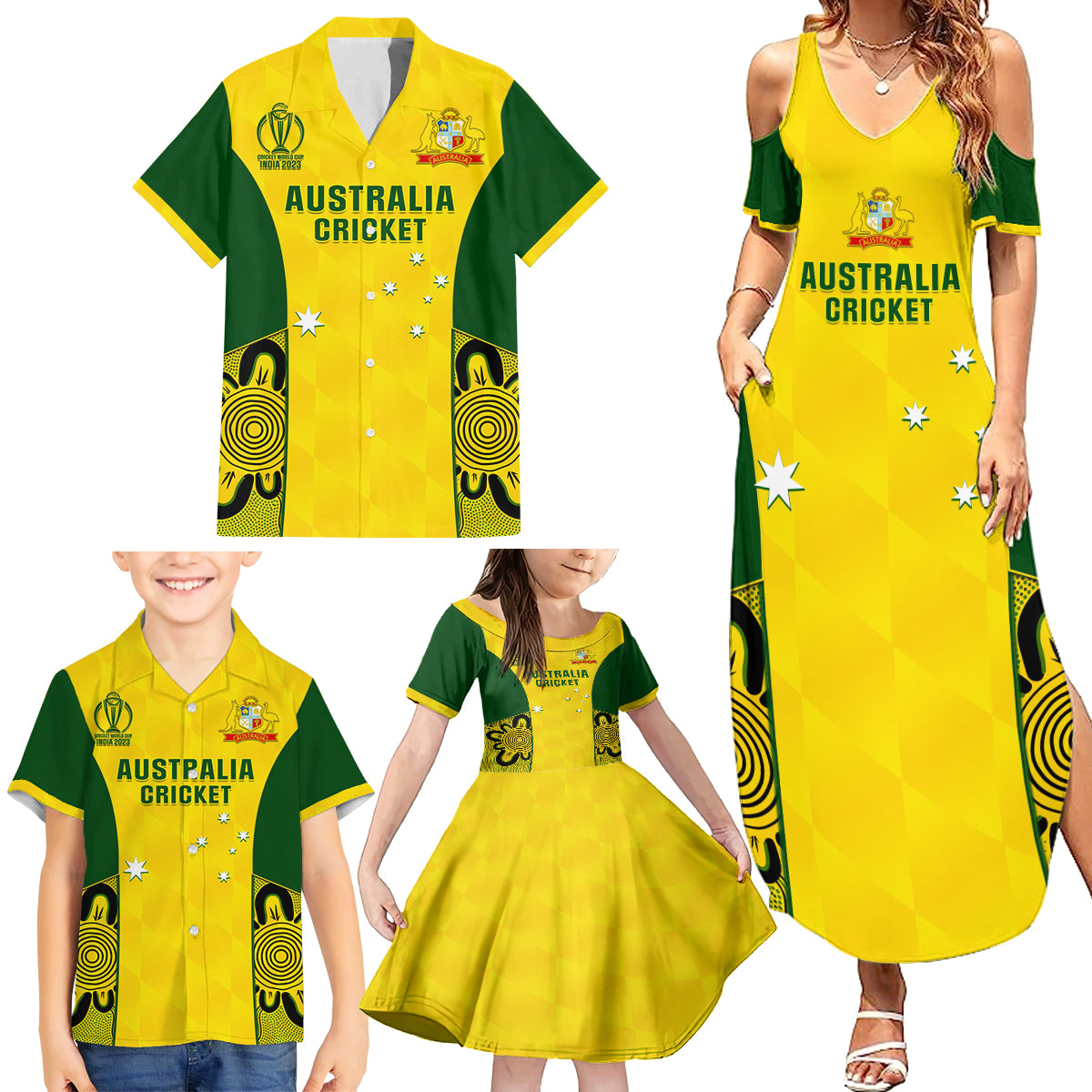 Custom Australia Cricket Family Matching Summer Maxi Dress and Hawaiian Shirt World Cup Go Champions 2023 Indigenous - Wonder Print Shop