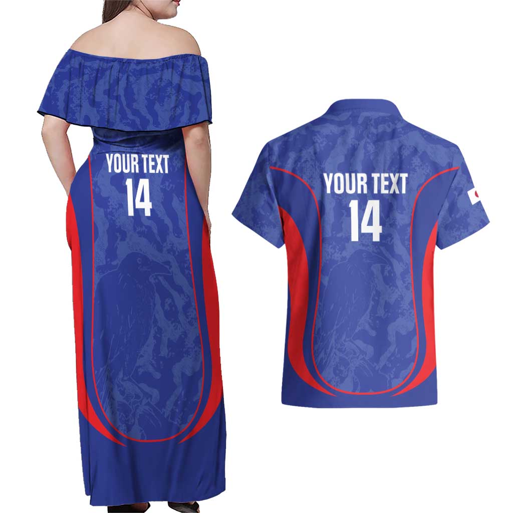 Custom Japan Football Couples Matching Off Shoulder Maxi Dress and Hawaiian Shirt 2026 Come On Samurai Blue - Wonder Print Shop
